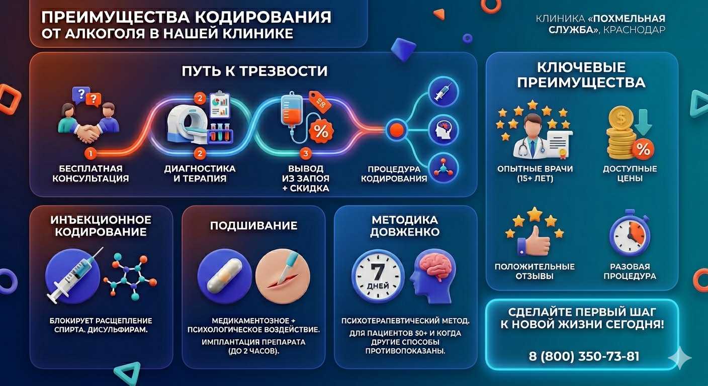 Инфографика о методах кодирования от алкоголя в Ясиноватой: инъекции, подшивание, метод Довженко. Преимущества клиники и этапы лечения.